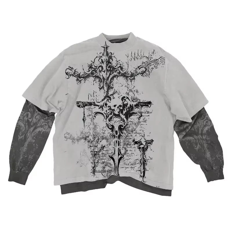 Y2K American Skull Pattern Long Sleeved T Shirt Fashion round Neck Oversized T Shirt New Mens Womens Casual Gothic Clothing Tops