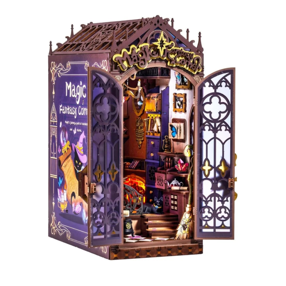 Book Nook Kits Magic Fantasy Corner DIY Booknook with Lights Miniature House Kit 3D Wooden Puzzle Bookshelf Gift