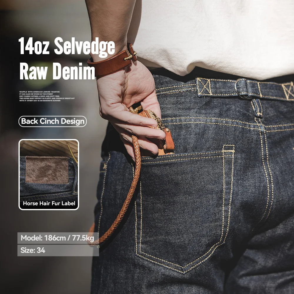 Men'S 14Oz Raw Selvedge Denim Jeans Vintage Straight Fit Horsehide Leather Patch Paris Buckle Jeans for Autumn and Winter