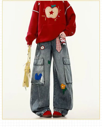Embroidered Harajuku Women'S Jeans American Casual Style Retro Straight Leg High Street Wide Leg Pants Y2K Loose Jeans for Womem