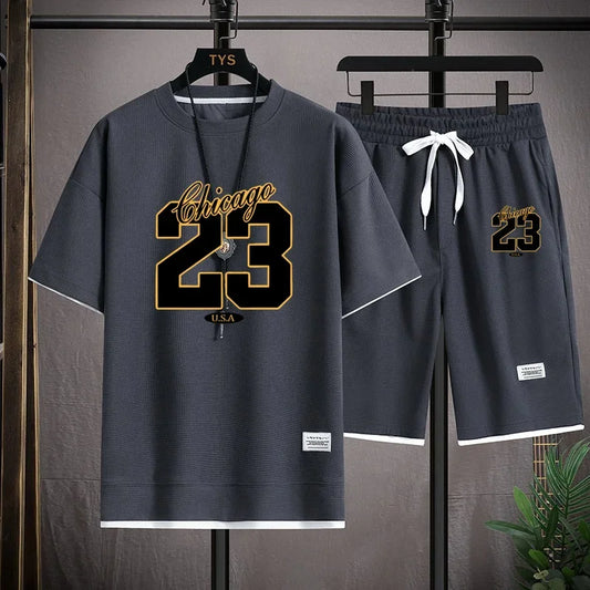 High Quality Men'S Korea Comfortable and Summer Fashion Print Sports Suit Fitness Jogging Daily Casual Wear Beach Shorts Set