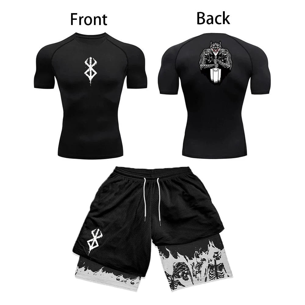 Anime 3D Printed Men'S Compression Set Short Sleeve Gym Top+Workout Shorts Quick Drying Breathble Athletics Rash Guard Set