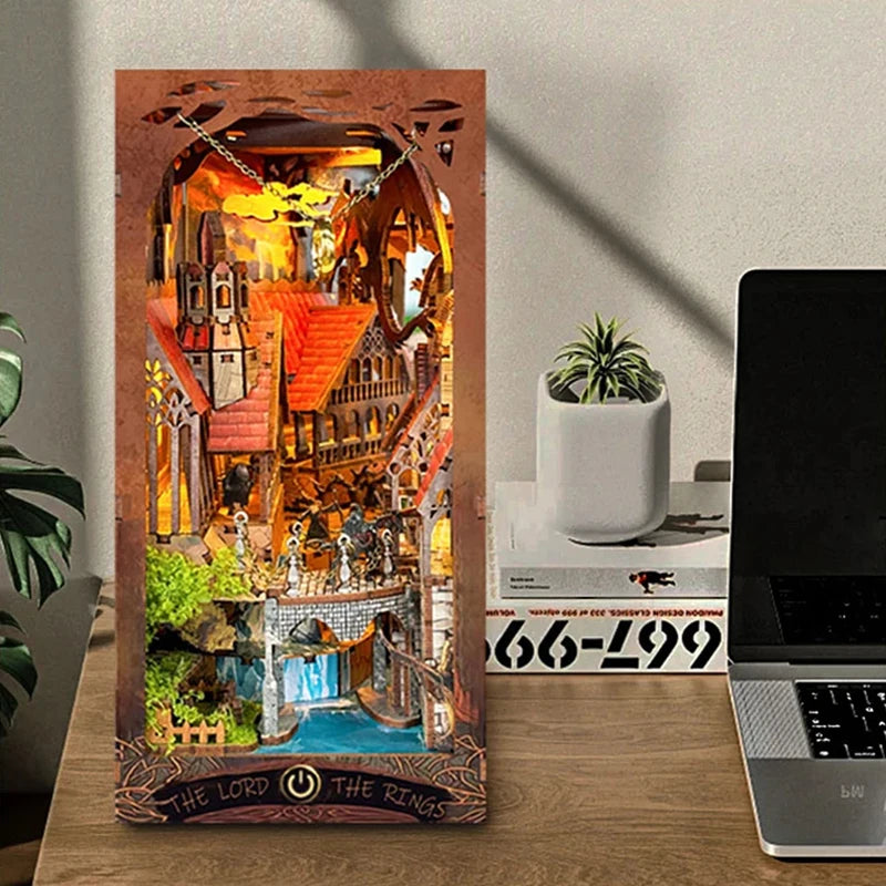 Retro Wooden DIY Book Nook Shelf Insert Miniature Kits the Magic Ring Bookshelf Home Bookend Decoration Adults Handmade Gifts