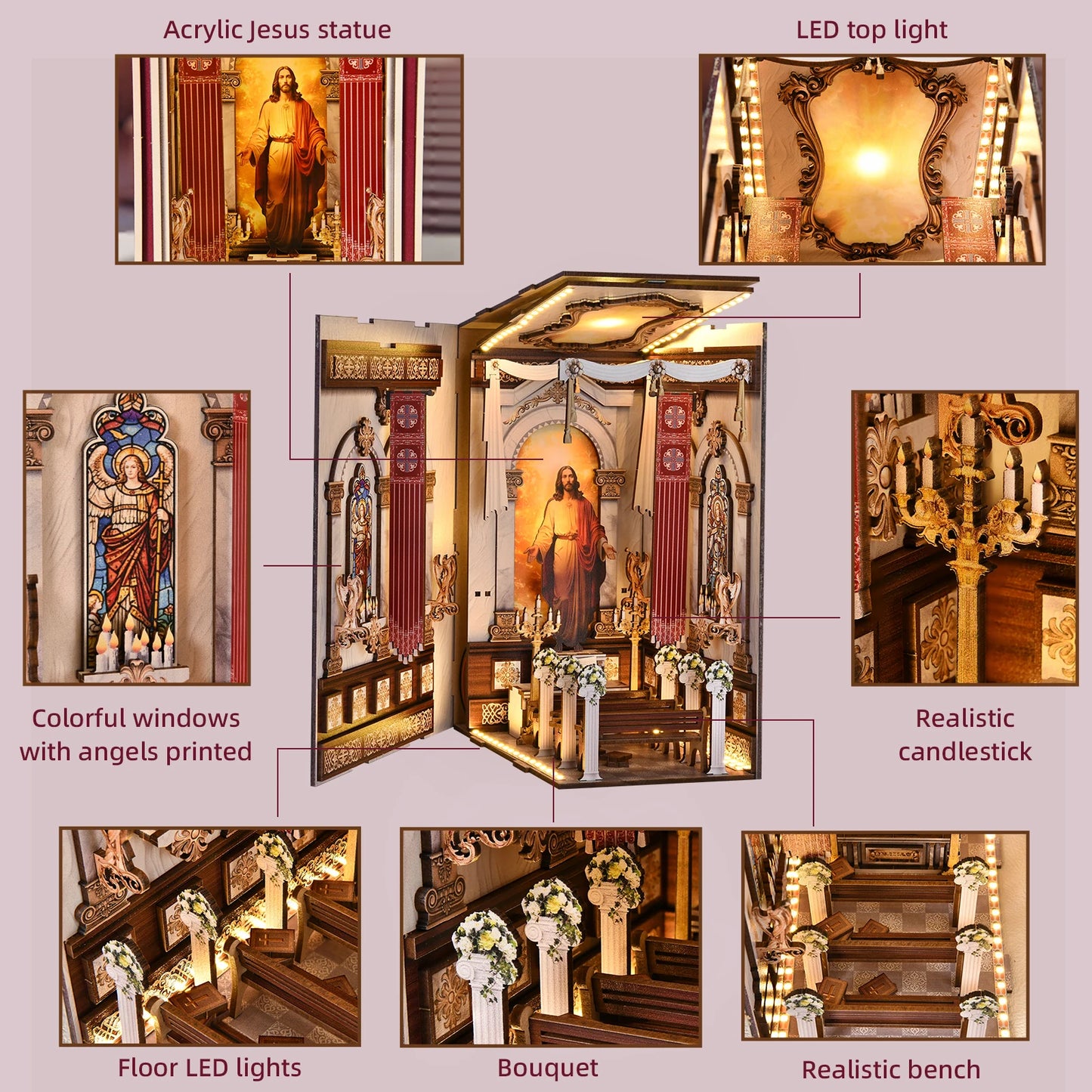 Book Nook Kit Cathedral DIY 3D Puzzle Classic Wooden Nativity Scene Ornament Bookshelf Dollhouse Model Bookend Building Home Dec