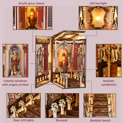 Book Nook Kit Cathedral DIY 3D Puzzle Classic Wooden Nativity Scene Ornament Bookshelf Dollhouse Model Bookend Building Home Dec