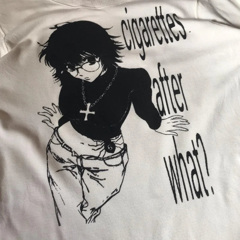 Women Retro Cute Harajuku Slim Fit Tops Lady White Casual T-Shirts Girls Letter Anime Print Long Sleeve Clothes
