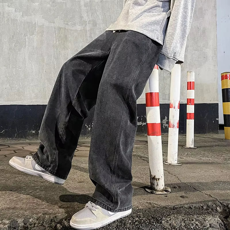 New Streetwear Loose Jeans Men Korean Style Fashion Loose Straight Wide Leg Pants Men'S Brand Clothing Black Light Blue