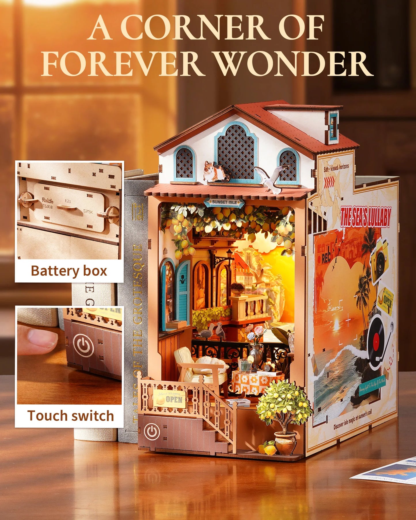 Sunset Isle DIY Book Nook 3D Wooden Puzzle Coastal Restaurant Terrace Front View Layered Scene Home Decor for Adults
