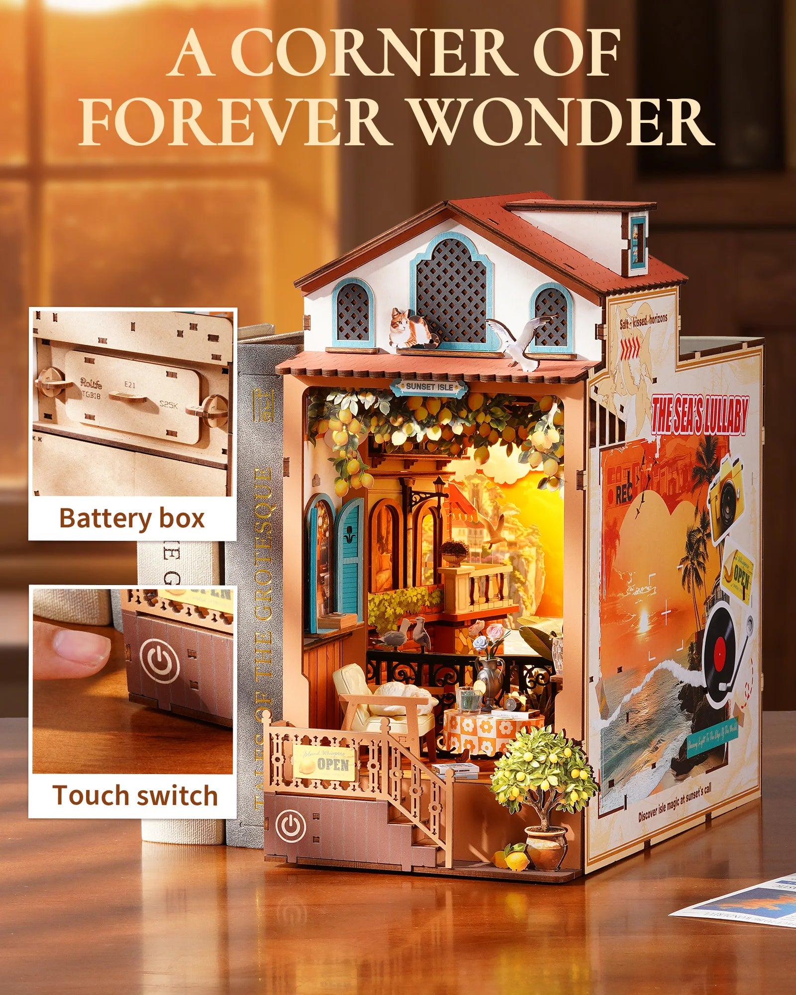 Sunset Isle DIY Book Nook 3D Wooden Puzzle Coastal Restaurant Terrace Front View Layered Scene Home Decor for Adults