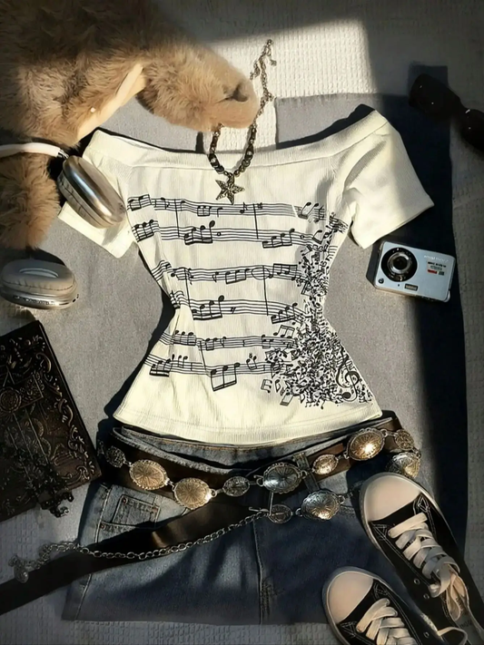 Music Note Off-Shoulder Top