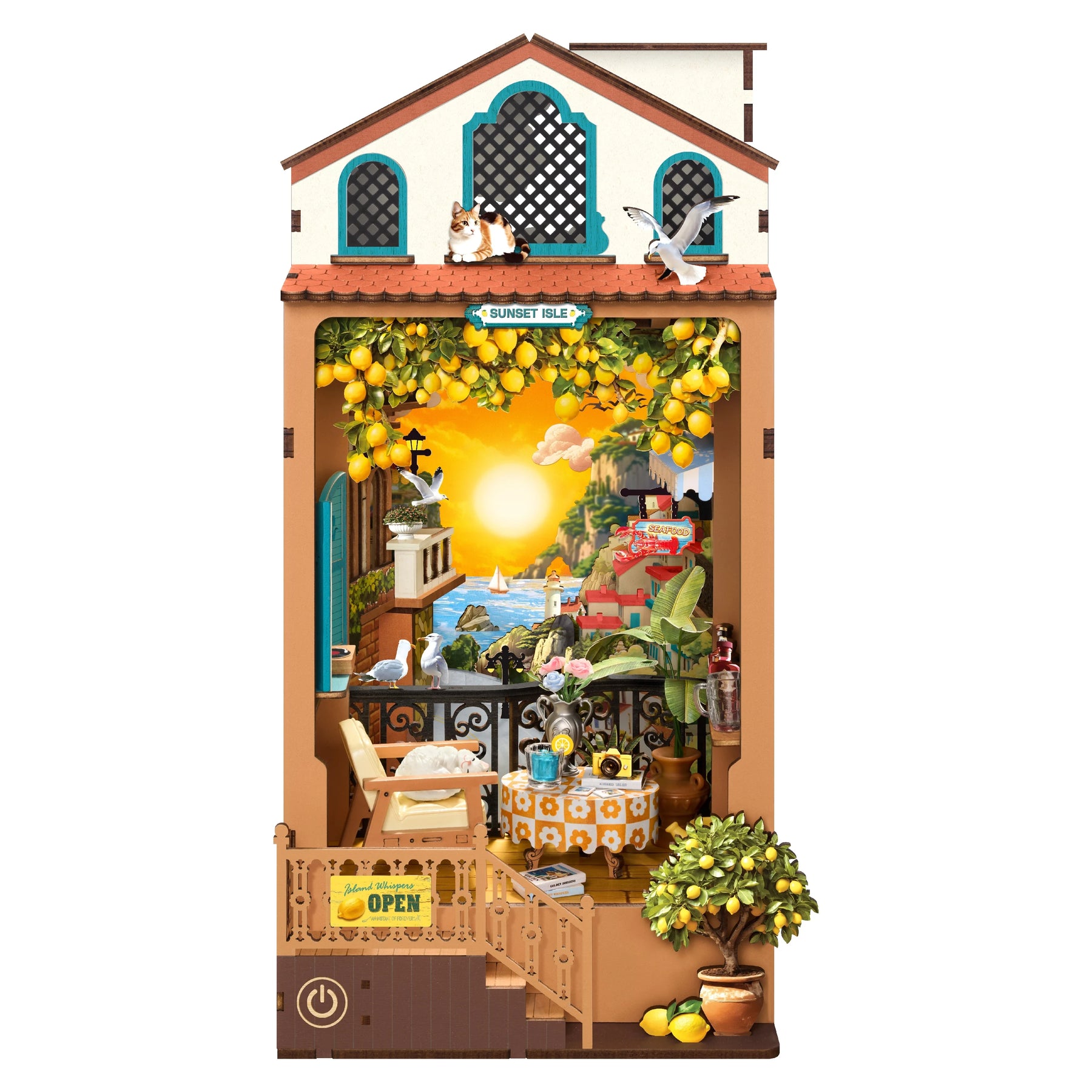 Sunset Isle DIY Book Nook 3D Wooden Puzzle Coastal Restaurant Terrace Front View Layered Scene Home Decor for Adults