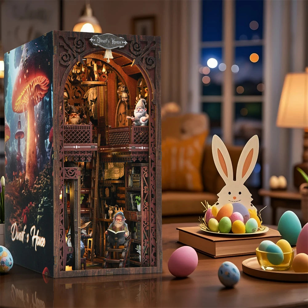 DIY Book Nook Kit Fairy Tale Miniature Wooden Dollhouse with Light Bookshelf Insert 3D Puzzle Decor for Gift Owl Bookstore