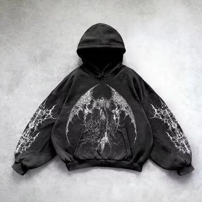 Retro Gothic Graphic Print Hip Hop Hoodie for Men Y2K Grunge Punk Casual Loose Pullover Women Streetwear Sweatshirt Hoodies