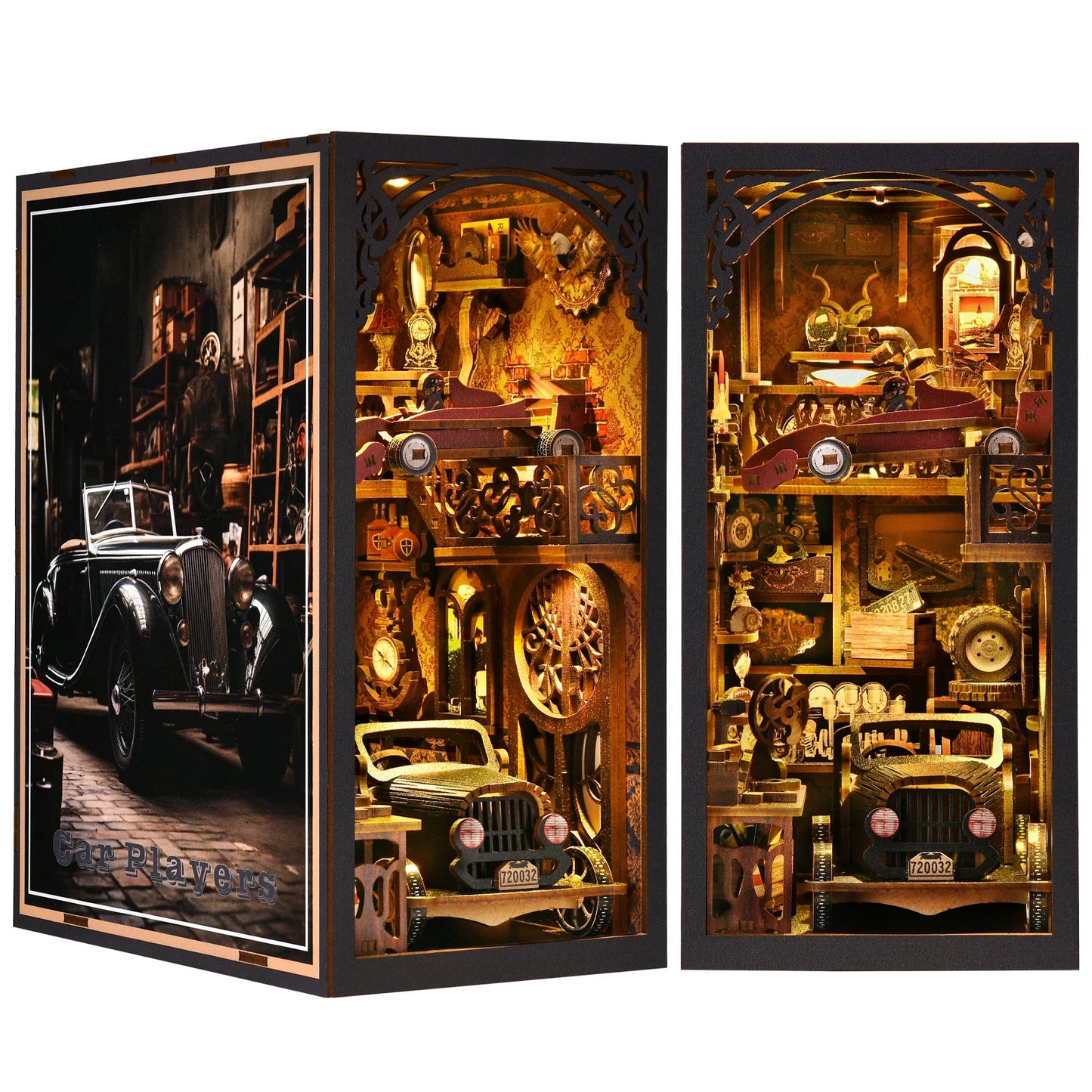 Model Car Vintage Classic Car Wooden Creative DIY 3D Puzzle Book Nook Kit Science Experiment Education Children'S Toys Bookshelf