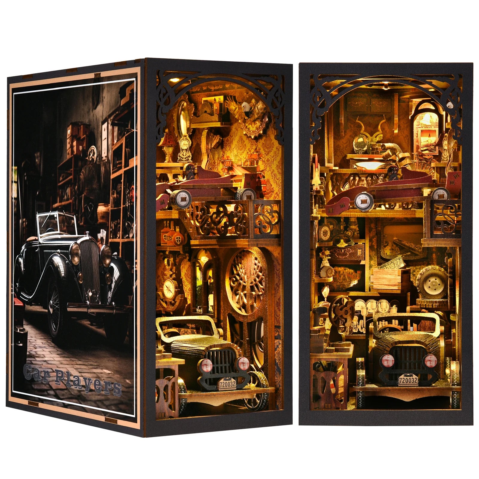 Model Car Vintage Classic Car Wooden Creative DIY 3D Puzzle Book Nook Kit Science Experiment Education Children'S Toys Bookshelf