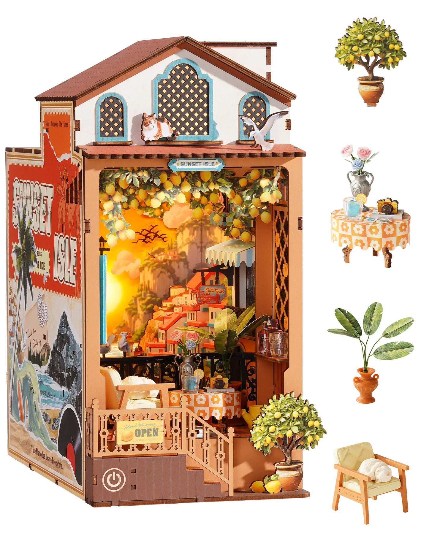 Sunset Isle DIY Book Nook 3D Wooden Puzzle Coastal Restaurant Terrace Front View Layered Scene Home Decor for Adults
