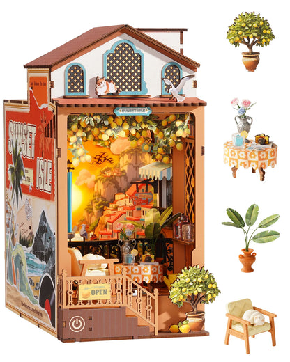 Sunset Isle DIY Book Nook 3D Wooden Puzzle Coastal Restaurant Terrace Front View Layered Scene Home Decor for Adults