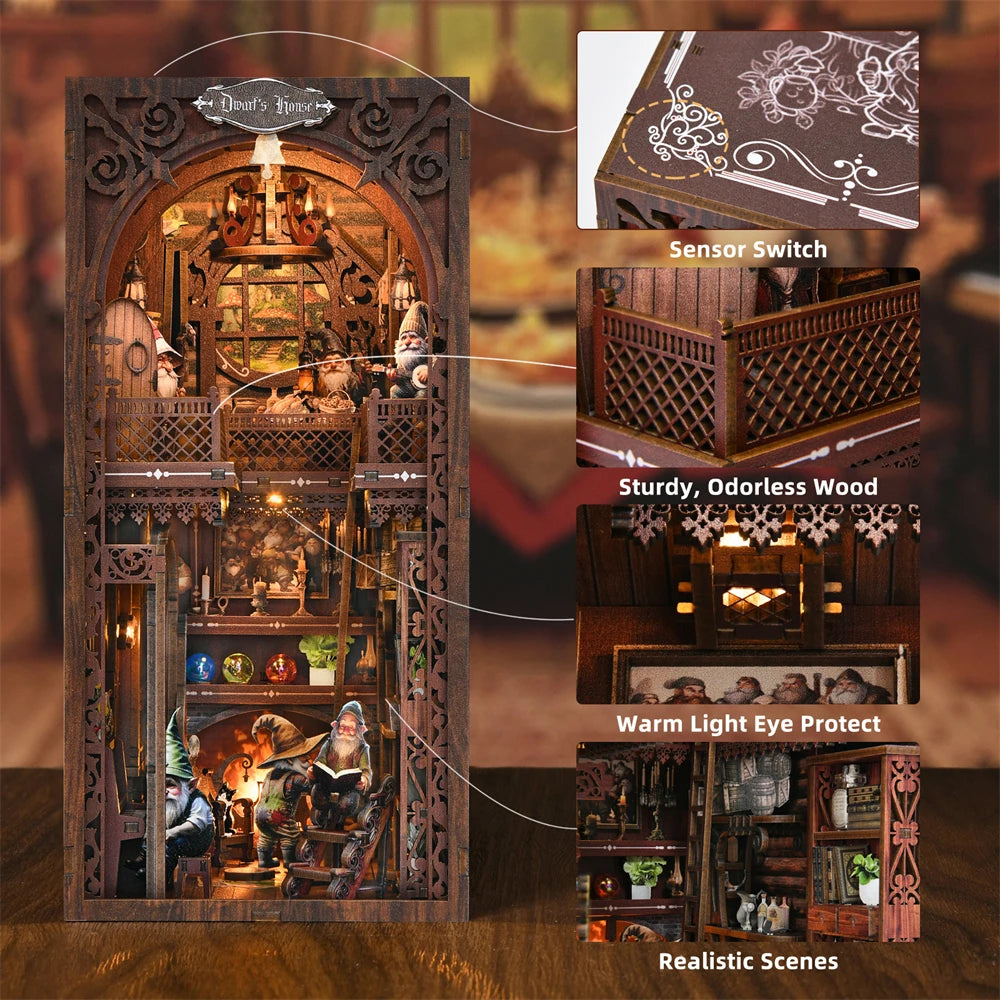 DIY Book Nook Kit Fairy Tale Miniature Wooden Dollhouse with Light Bookshelf Insert 3D Puzzle Decor for Gift Owl Bookstore