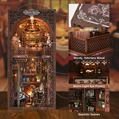 DIY Book Nook Kit Fairy Tale Miniature Wooden Dollhouse with Light Bookshelf Insert 3D Puzzle Decor for Gift Owl Bookstore