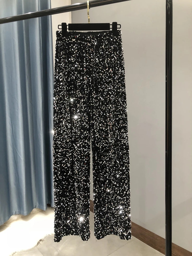 The New Women'S Fashion Trendy Sparkling Gold Pants Relaxation of Tall Waist Wide-Legged Pants Women'S South Korean Style
