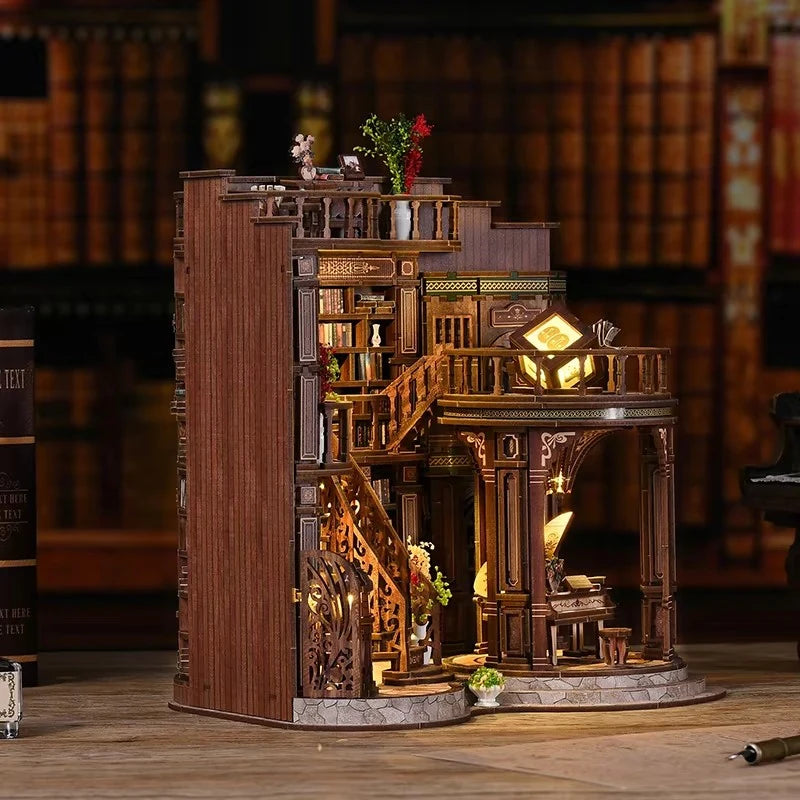 Retro DIY Wooden Dreamy Book Hall House Figurines Miniatures Kits with LED Lights Home Desk Decoration for Adult Handmade Gifts