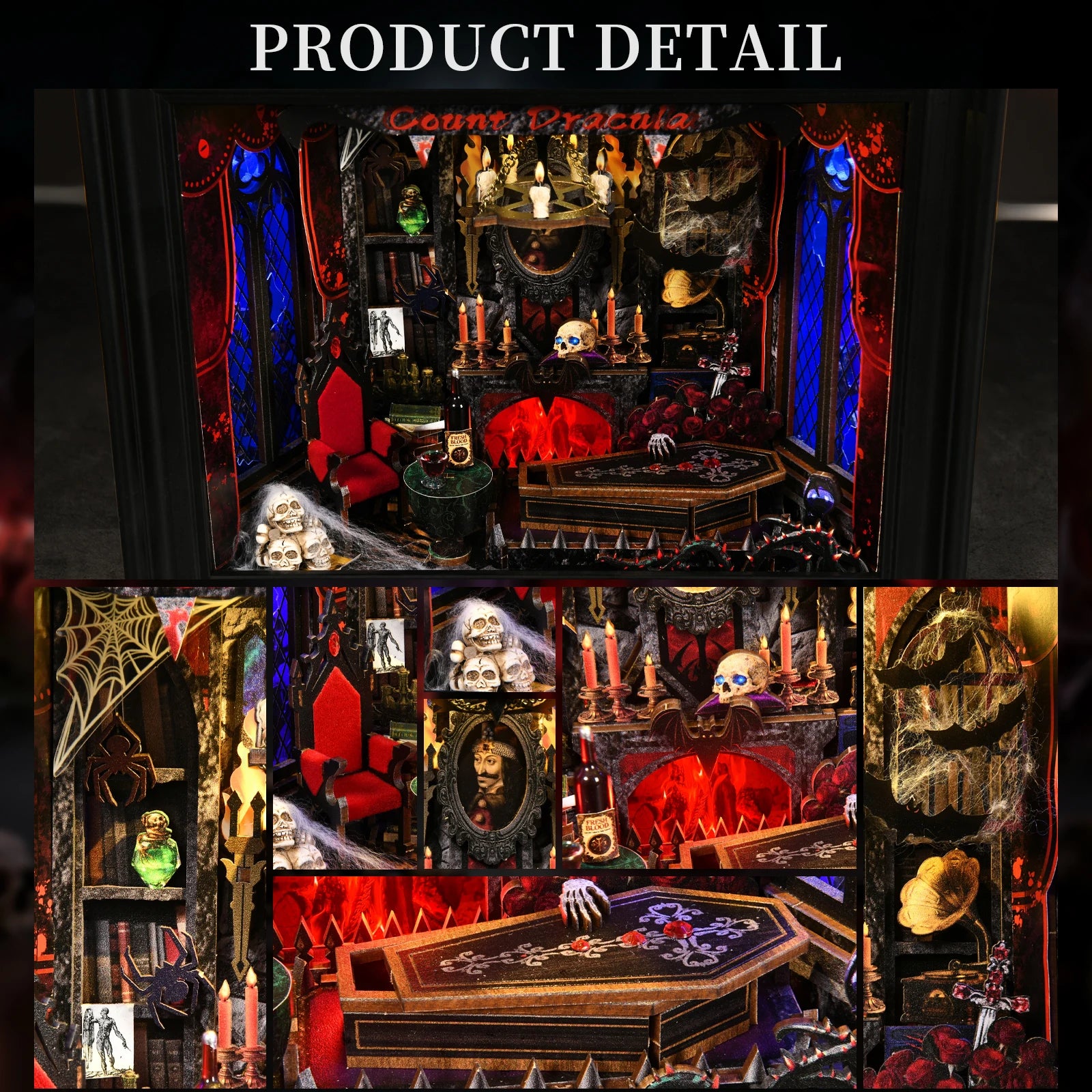 Book Nook Kit Vampire DIY Wooden Puzzle Dracula Gothic Style Halloween Bookshelf Dollhouse Model Bookend Building Home Dec