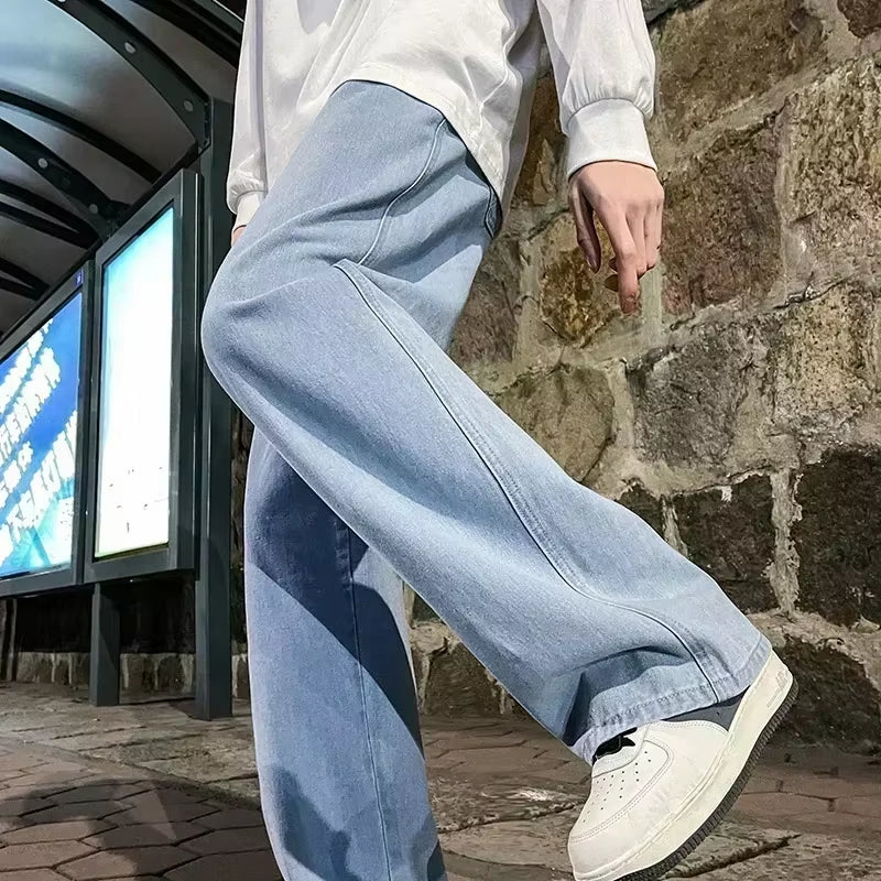 New Streetwear Loose Jeans Men Korean Style Fashion Loose Straight Wide Leg Pants Men'S Brand Clothing Black Light Blue