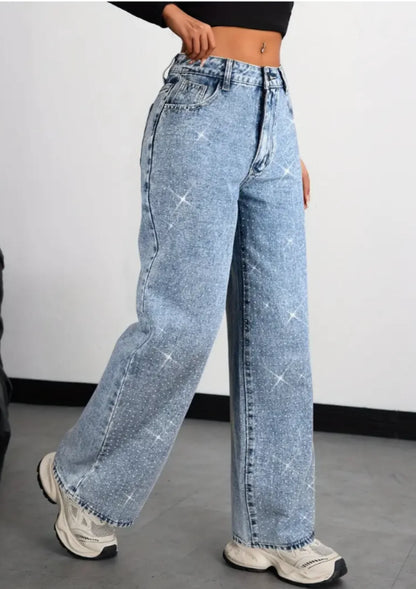 American-Style High Street Retro Full-Diamond Wide-Leg Jeans for Women New 2025 Autumn Style Versatile and Slimming Great for A