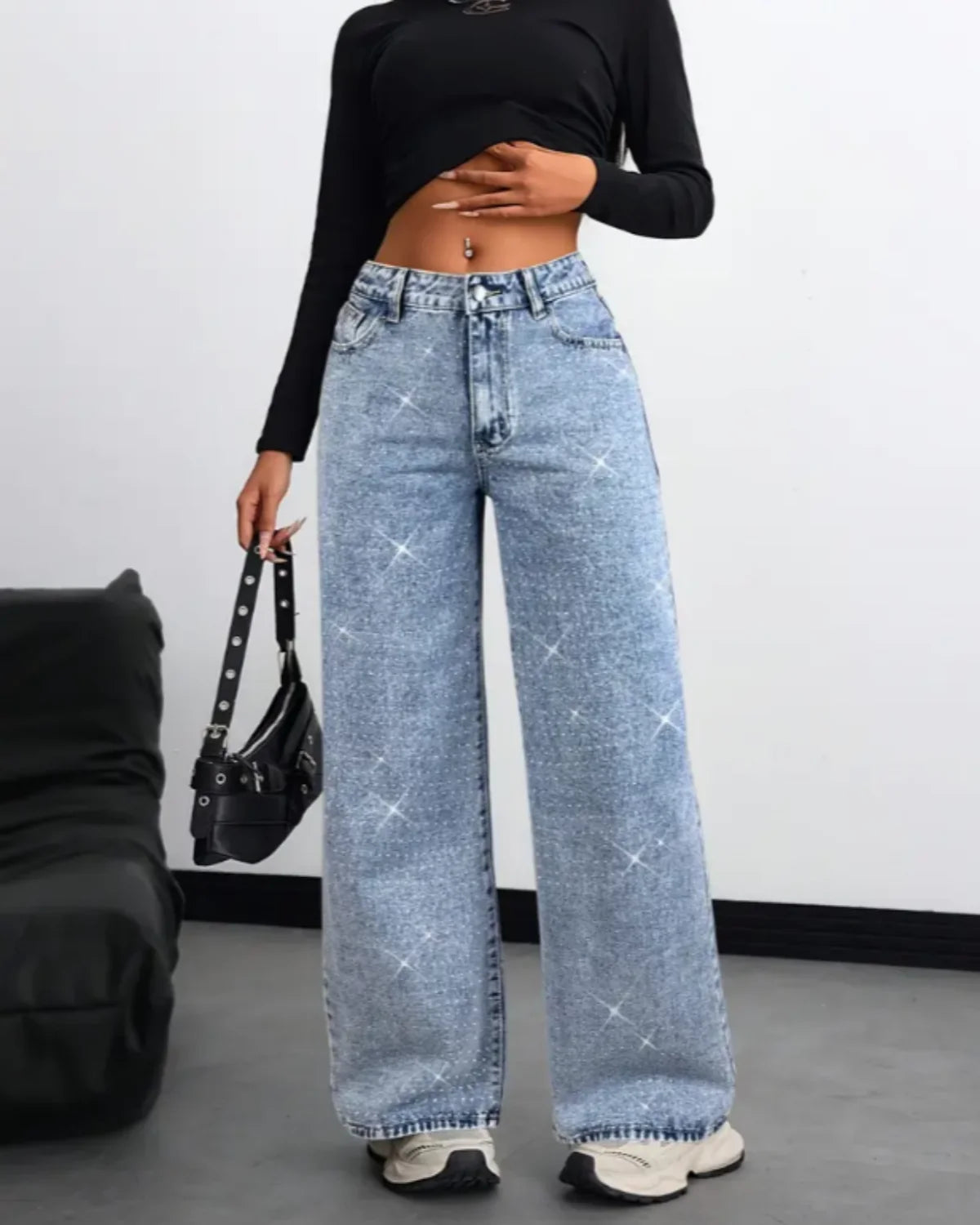American-Style High Street Retro Full-Diamond Wide-Leg Jeans for Women New 2025 Autumn Style Versatile and Slimming Great for A