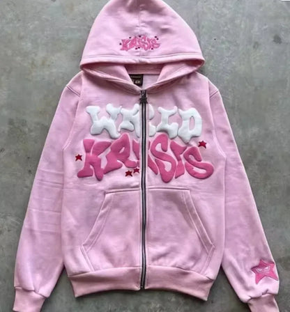 Hooded Zipper Hoodie with Retro American-Style Letters, Unisex, Suitable for Pairing with a Millennial-Style Jacket