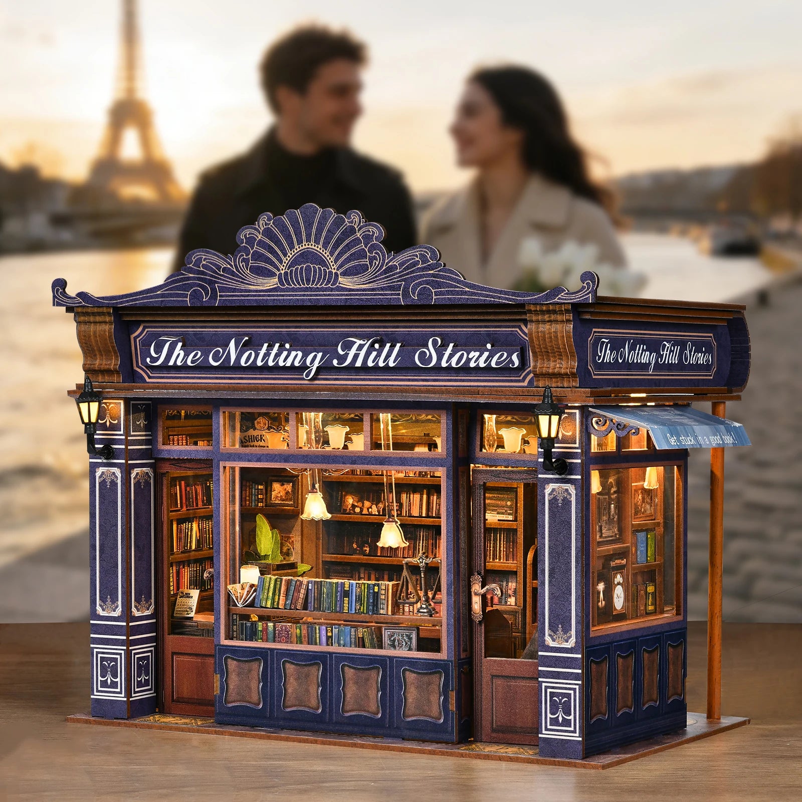 DIY Book Nook Kit Notting Hill Bookstore Wooden Bookshop Dollhouse with Light Bookshelf Insert 3D Puzzle Decor for Gift
