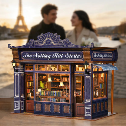DIY Book Nook Kit Notting Hill Bookstore Wooden Bookshop Dollhouse with Light Bookshelf Insert 3D Puzzle Decor for Gift