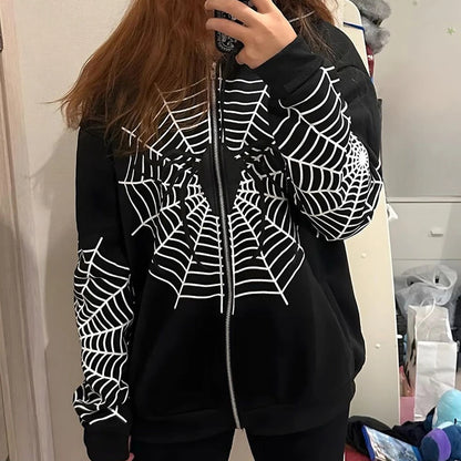 Y2K Rhinestone Skeleton Hoodies Women Gothic Black Zip up Oversized Sweatshirts Female Retro Harajuku Hooded Jackets Streetwear