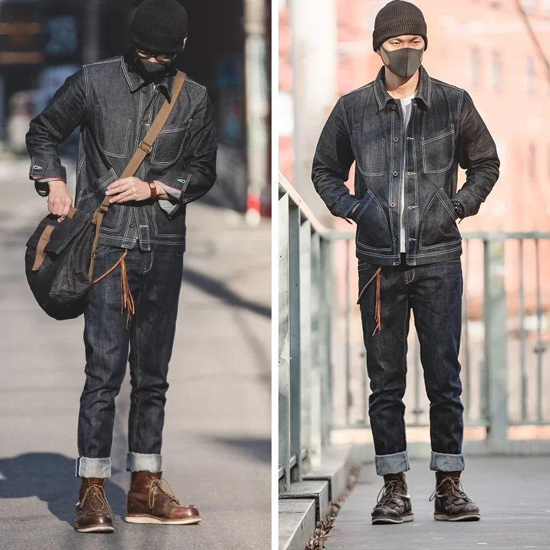 Men'S 14Oz Raw Selvedge Denim Jeans Vintage Straight Fit Horsehide Leather Patch Paris Buckle Jeans for Autumn and Winter