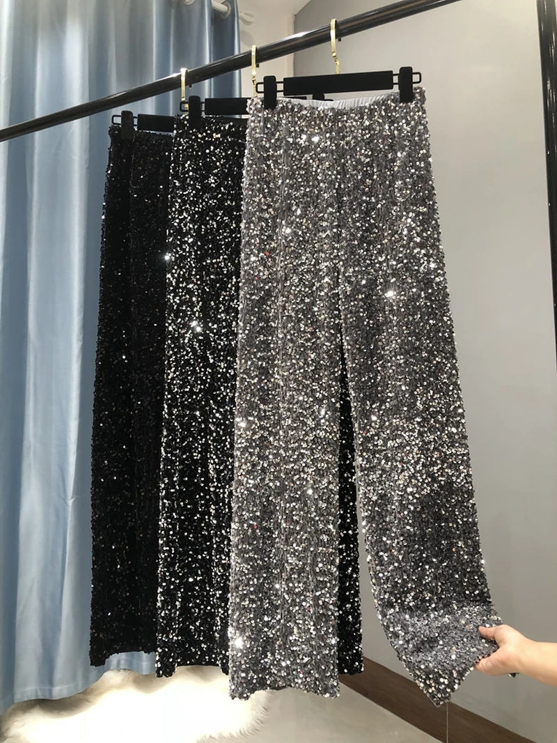 The New Women'S Fashion Trendy Sparkling Gold Pants Relaxation of Tall Waist Wide-Legged Pants Women'S South Korean Style