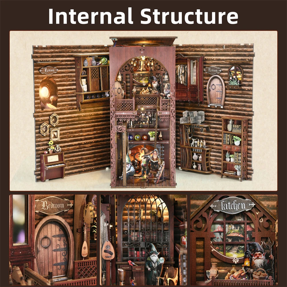 DIY Book Nook Kit Fairy Tale Miniature Wooden Dollhouse with Light Bookshelf Insert 3D Puzzle Decor for Gift Owl Bookstore