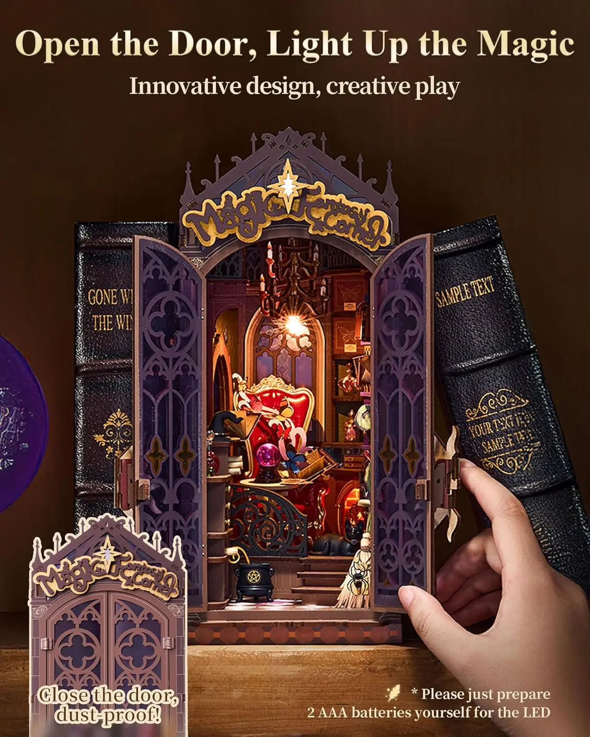 Book Nook Kits Magic Fantasy Corner DIY Booknook with Lights Miniature House Kit 3D Wooden Puzzle Bookshelf Gift