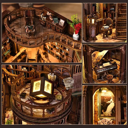 Retro DIY Wooden Dreamy Book Hall House Figurines Miniatures Kits with LED Lights Home Desk Decoration for Adult Handmade Gifts