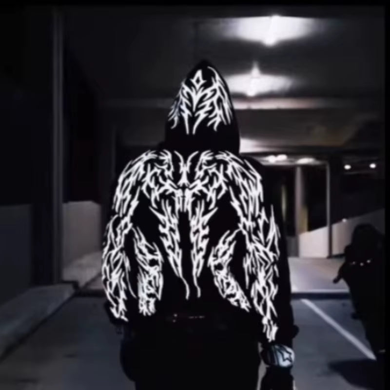 Mens Hoodie Harajuku Y2K Streetwear Lightning Graphic Print Zip up Hooded Sweatshirt Gothic Punk Loose Fit Glow Unisex Fashion