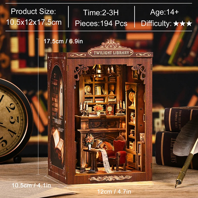 DIY Book Nook Kit - TWILIGHT LIBRARY Wooden Bookend Room, 3D Puzzle Assembly, Handmade Model for Adults Birthday Gifts