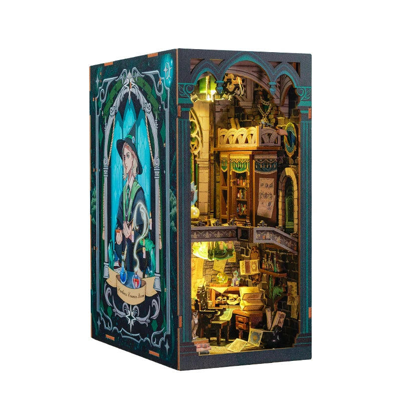 CUTEBEE Book Nook Bookshelf Insert Miniature Dollhouse 3D Wood Puzzle for Bedroom Bookend Decor with LED Night Light Book House