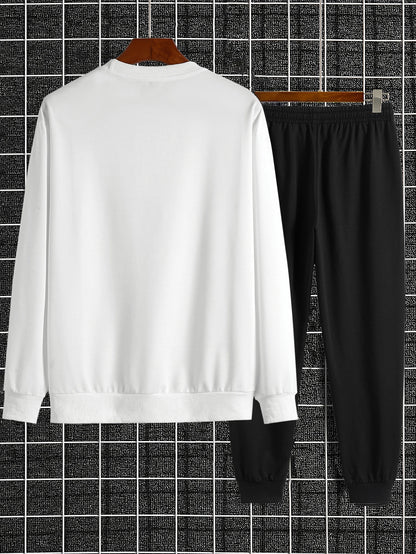 Autumn Trendy New Sweatshirt Sweatpants Set Men'S Daily Loose Casual Fit Printed Hundred Long Sleeve Sweatshirt 2 Piecesset