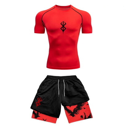 Anime 3D Printed Men'S Compression Set Short Sleeve Gym Top+Workout Shorts Quick Drying Breathble Athletics Rash Guard Set