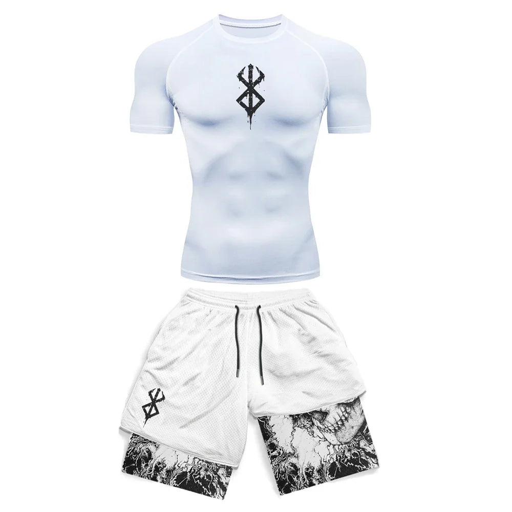 Anime 3D Printed Men'S Compression Set Short Sleeve Gym Top+Workout Shorts Quick Drying Breathble Athletics Rash Guard Set