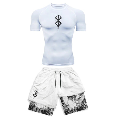 Anime 3D Printed Men'S Compression Set Short Sleeve Gym Top+Workout Shorts Quick Drying Breathble Athletics Rash Guard Set