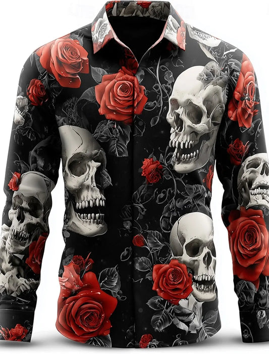 Men'S Skeleton Rose Skulls Shirt Button up Shirt Long Sleeve Dark Gothic Style Streetwear Turndown 3D Print Collared Shirts