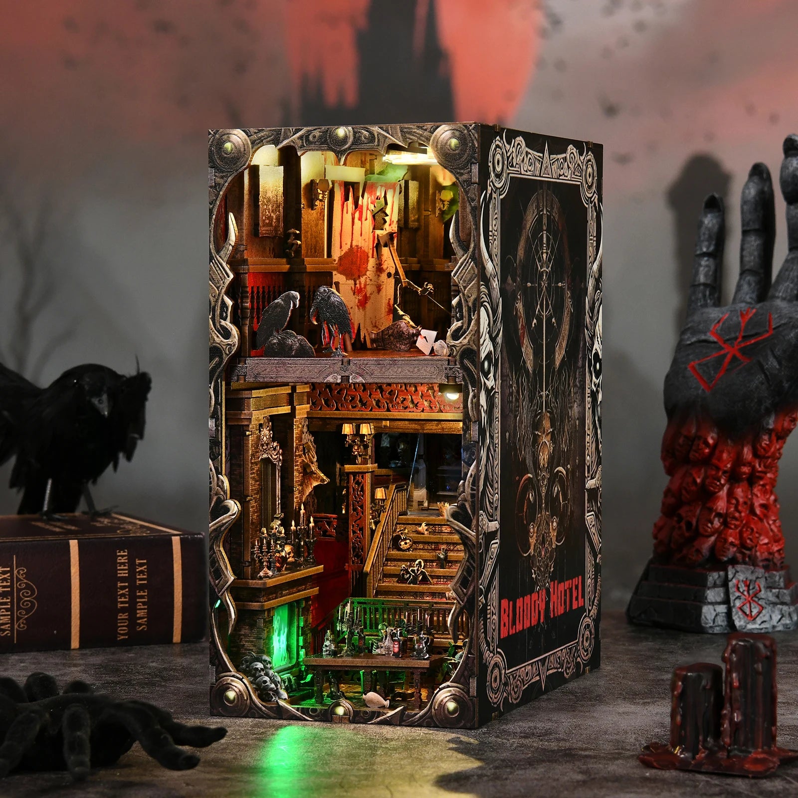 DIY Book Nook Kit Hotel of Terror Wooden Bookshop Dollhouse with Light Dynamic Video Bookshelf Insert 3D Puzzle Decor for Gift