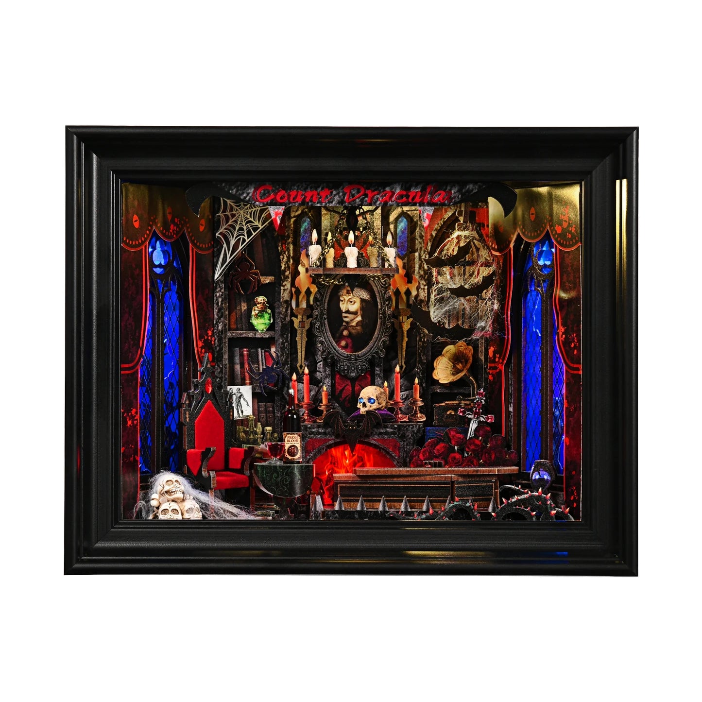 DIY Book Nook Kit Vampire Dracula Wooden Bookshop Dollhouse with Light Bookshelf Insert 3D Puzzle Decor for Gift