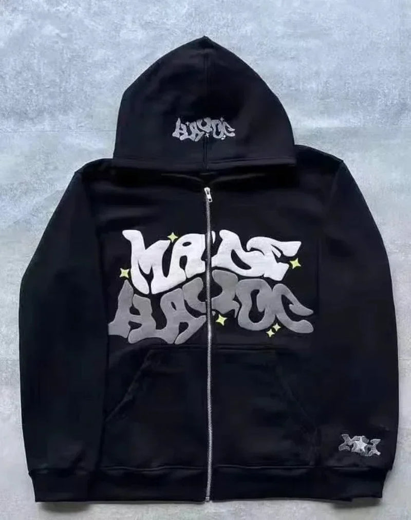 Hooded Zipper Hoodie with Retro American-Style Letters, Unisex, Suitable for Pairing with a Millennial-Style Jacket