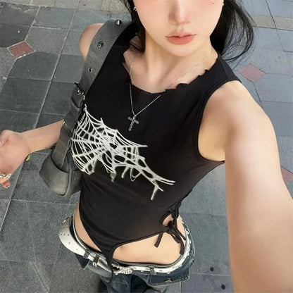 Summer Spider Web Print Tank Tops Aesthetic Hollow Out Bandage Punk Vest Irregular Women Causal Basic Y2K Streetwear Crop Top